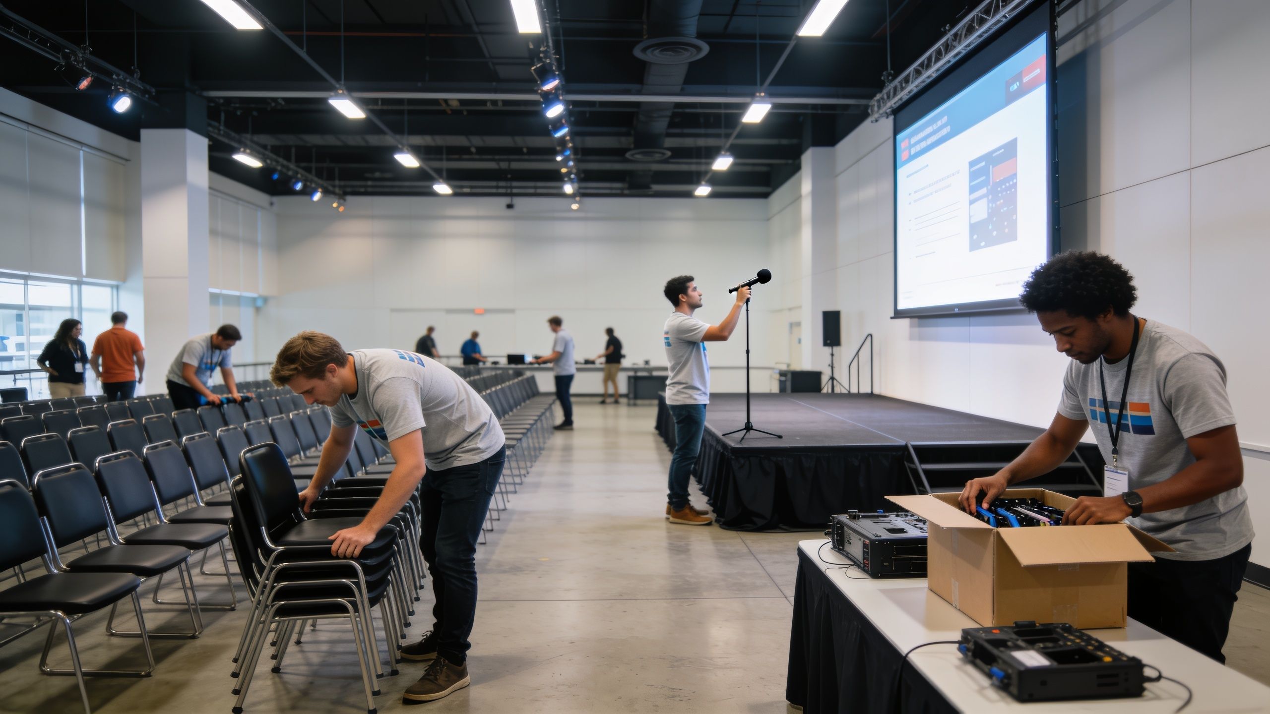 Volunteers in matching t-shirts prepare a tech conference venue, arranging seating, testing a microphone, and unboxing e
