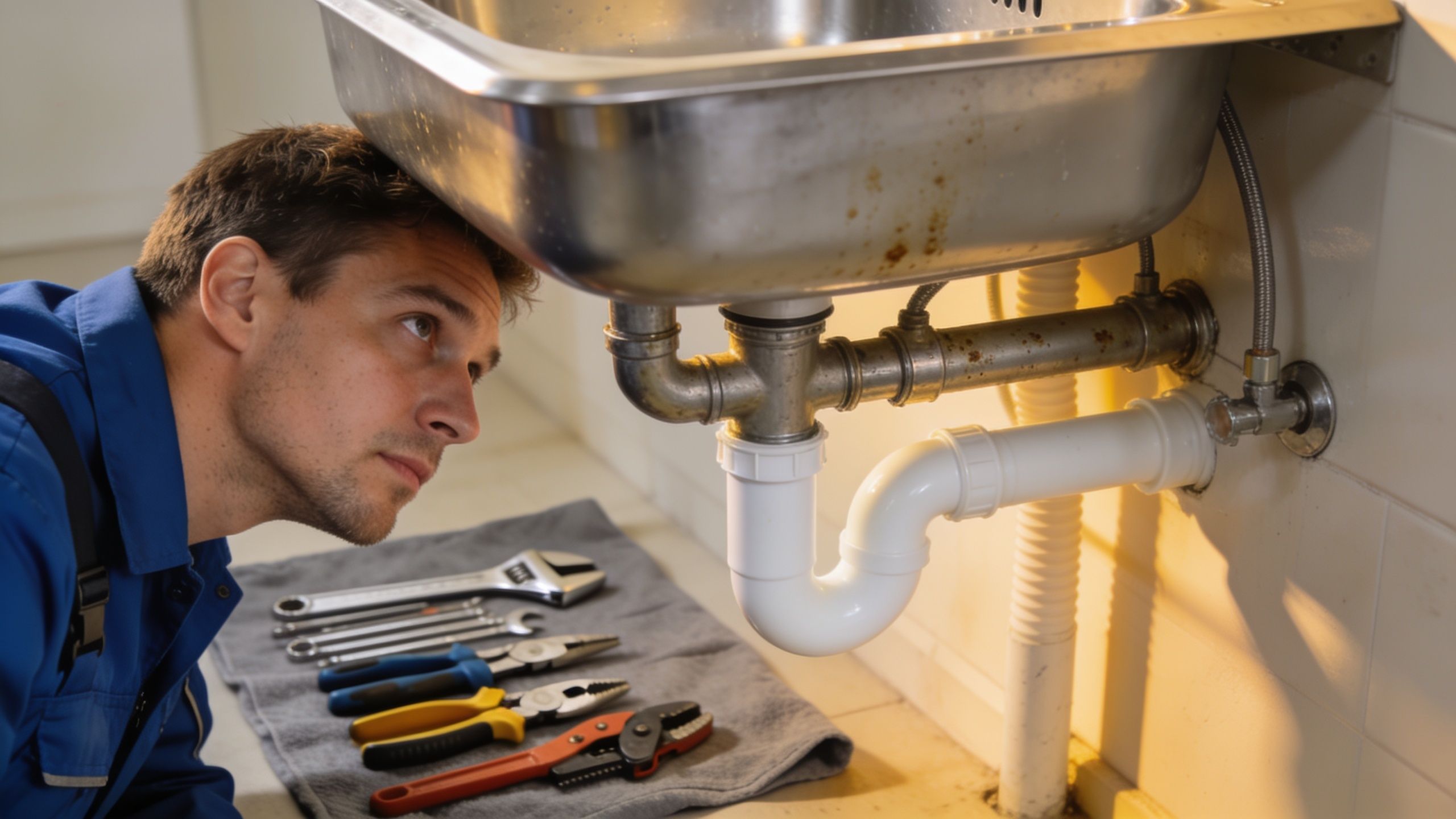 A plumber examines the plumbing beneath a laundry sink, with various tools laid out on the floor.