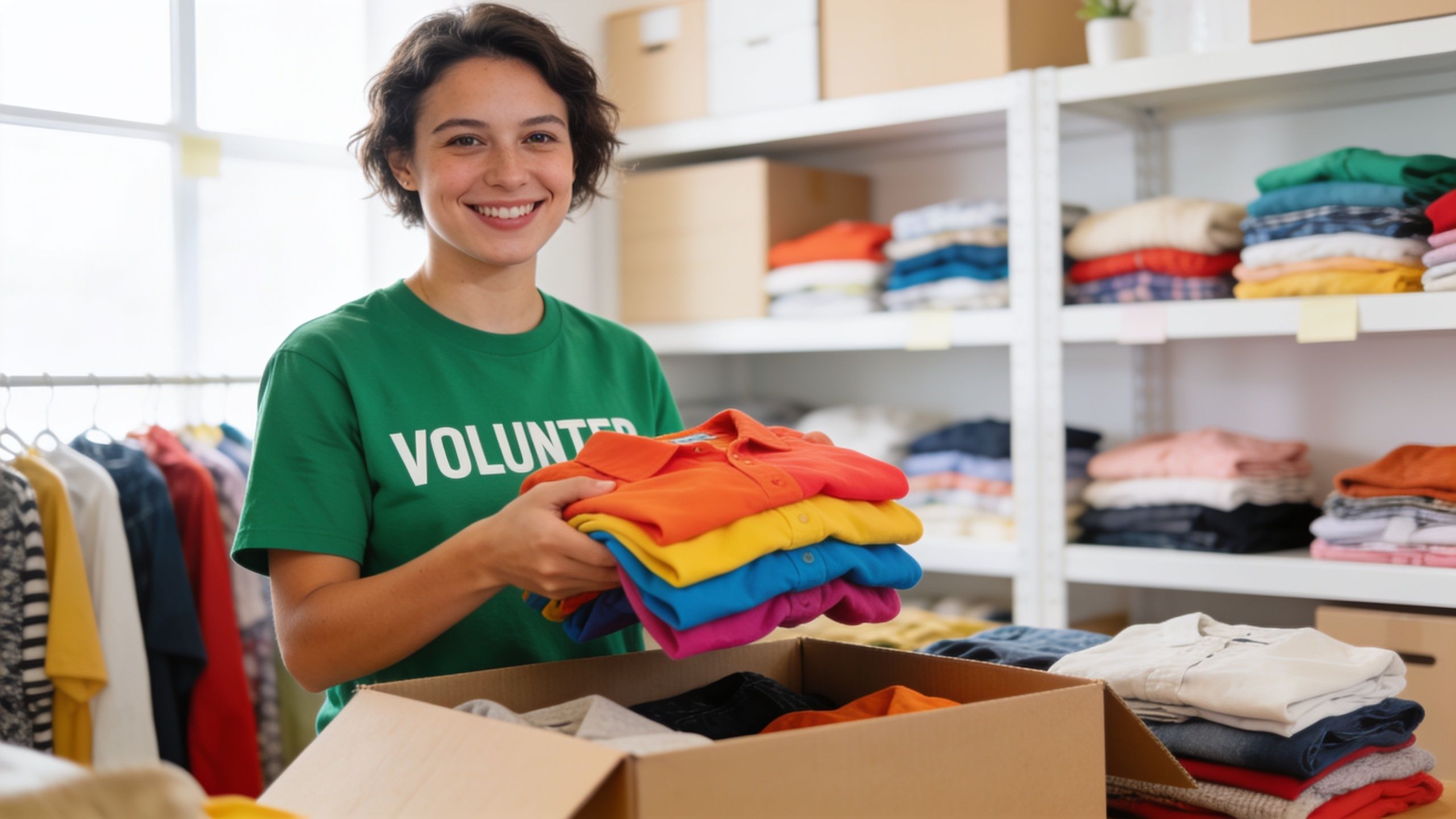 A volunteer sorts clothes into a box.